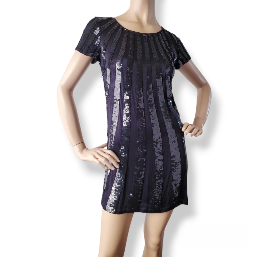 French Connection Black Sequin Striped Shift Vintage Dress